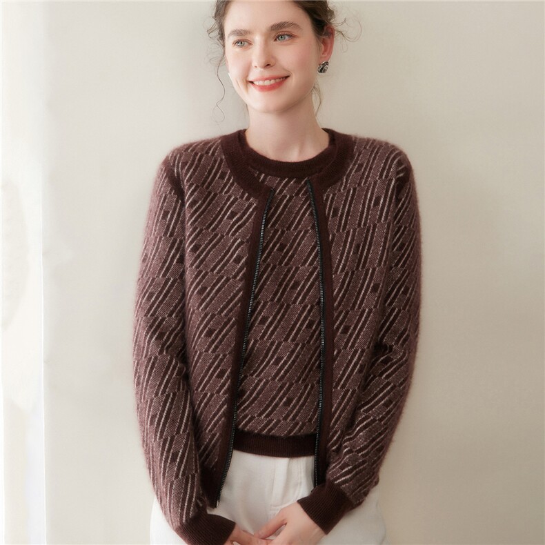 秋冬洋气山羊绒女提花针织开衫宽松显瘦时尚外穿打底衫毛衣外套,女装羊绒衫,奥帆羊绒