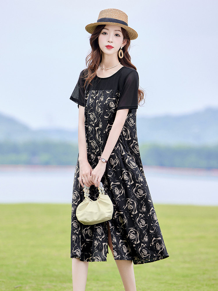 复古印花拼接连衣裙女2025夏新款时尚显瘦宽松休闲慵懒风T恤裙子,女装连衣裙,靓衣阁