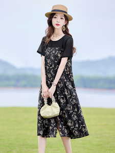 复古印花拼接连衣裙女2025夏新款时尚显瘦宽松休闲慵懒风T恤裙子图片