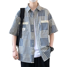 港风宽松青年格子短袖衬衫男士夏季百搭半袖衣服韩版潮流衬衣外套，男装衬衫，星座1013