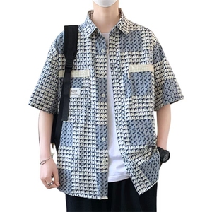 港风宽松青年格子短袖衬衫男士夏季百搭半袖衣服韩版潮流衬衣外套图片
