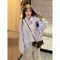 花边下摆胸花哈灵顿夹克男秋季设计感上衣复古宽松条纹外套女，男装夹克，星座1210-1