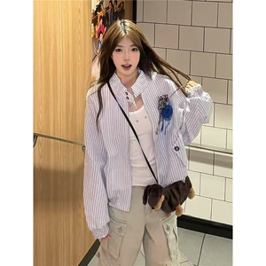 花边下摆胸花哈灵顿夹克男秋季设计感上衣复古宽松条纹外套女图片