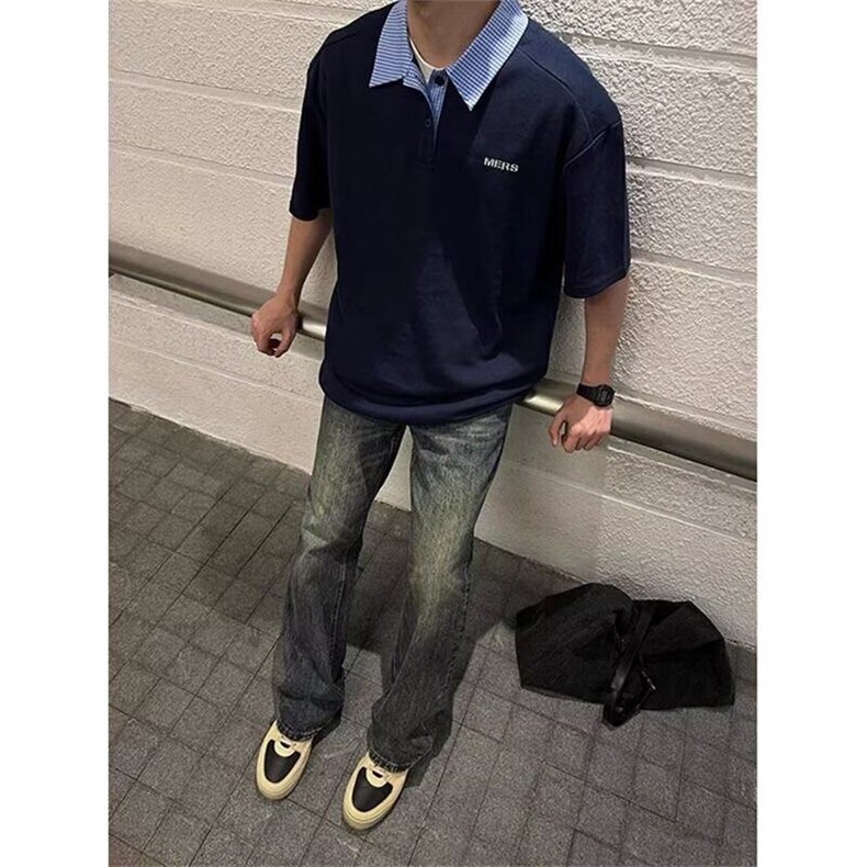 格子衬衫领拼接假两件POLO衫男款夏季半袖高级感宽松短袖T恤上衣,男装Polo衫,星座1116A（原606A-3）