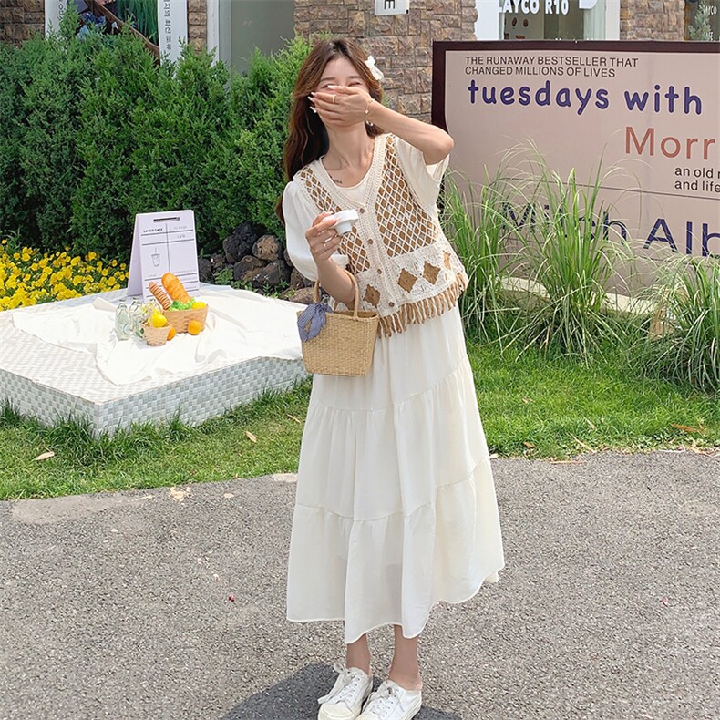 连衣裙温柔风套装2025夏新款女宽松海边度假马甲超好看裙子两件套,女装连衣裙,2C032