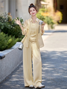 小香风时尚套装女2026新款洋气减龄夏季防晒衬衫吊带阔腿裤三件套图片