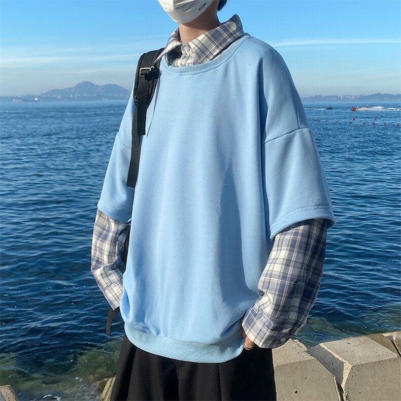 原宿风秋季港风男韩版休闲卫衣假两件格子套头外套男女W1527-P40,男装卫衣,星座512-2