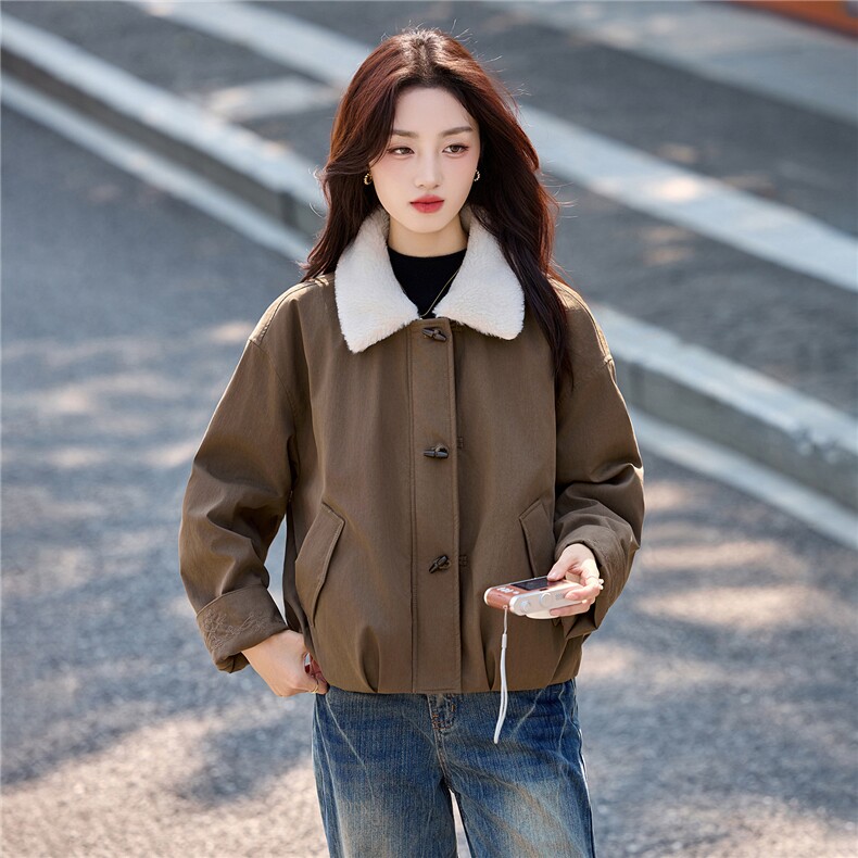 秋冬夹棉外套女2025新款绝美巨好看的韩系休闲短款chic毛领派克服,女装派克服,依如秀(原杭风阁)