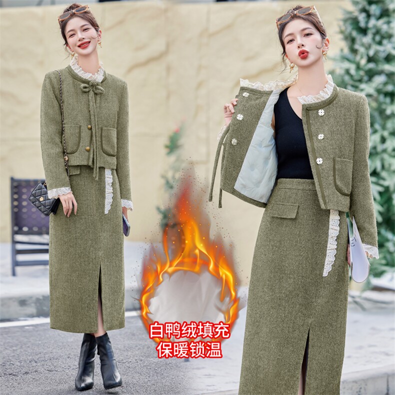 【财阀千金系列】2024新款冬装羽绒服套装盘扣花边长裙两件套50毛,女装套装/套裙,雅静靓衣