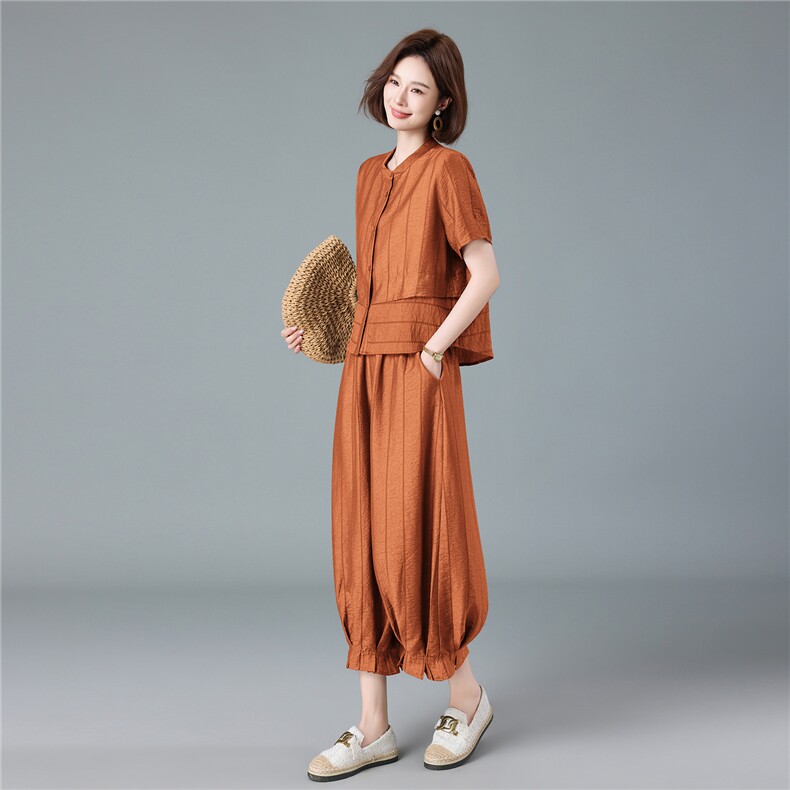 现货2026夏季新款宽松大码减龄莱赛尔衬衫灯笼裤两件套,女装套装/套裙,深水步