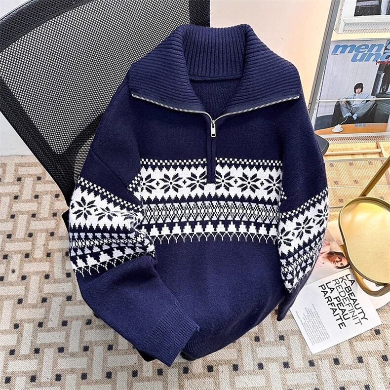 费尔岛提花米色针织衫男女冬拼接半拉链POLO领毛衣外套MY274P60,男装针织衫/毛衣,星座1013-5