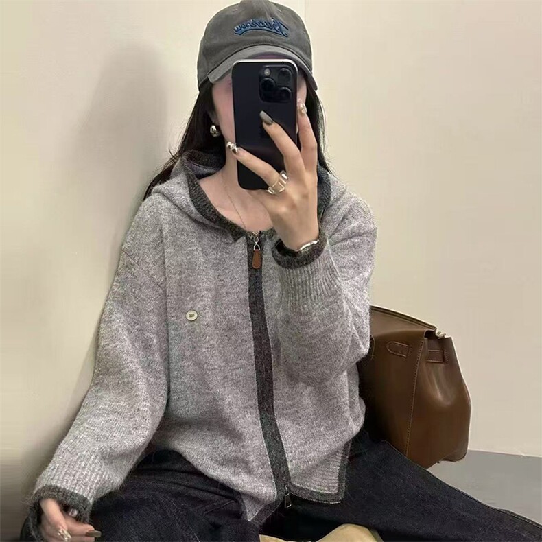 毛衣女极简风高领针织开衫女秋冬宽松大码毛衣外套短款上衣,针织衫/毛衣,暖姿羊绒