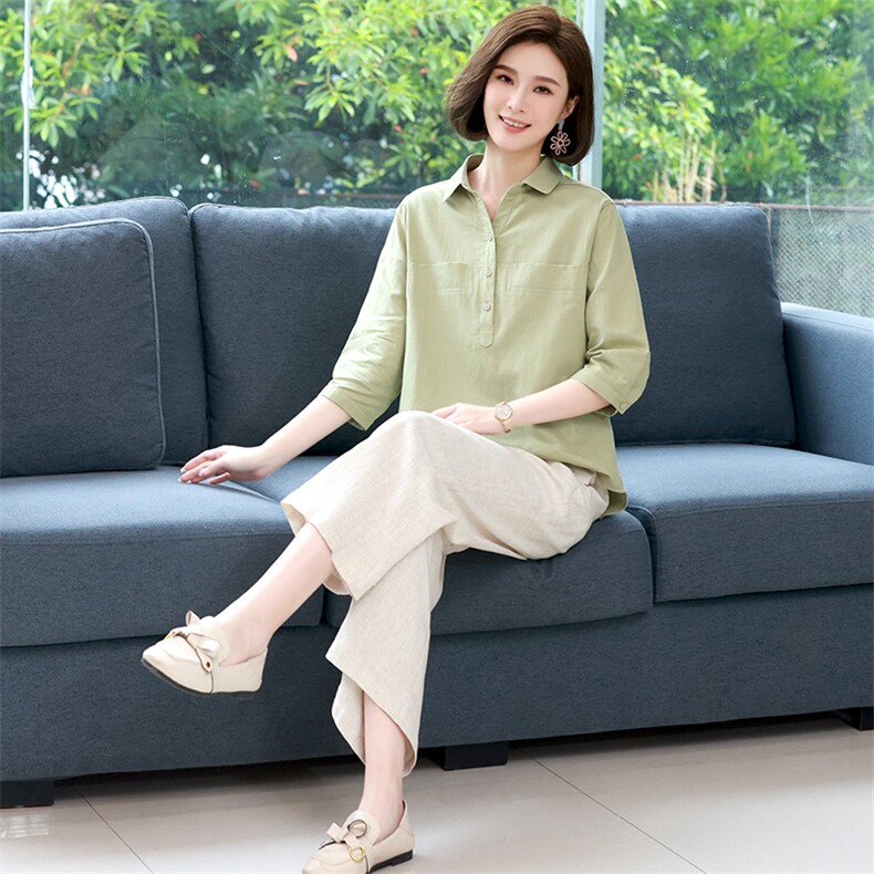 棉麻短袖衬衫女夏款2024新款宽松遮肚子显瘦妈妈薄款高端亚麻上衣,女装套装/套裙,希欧阁