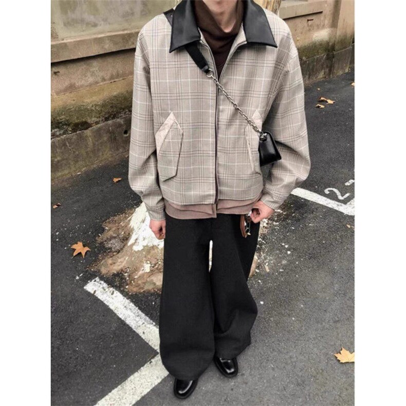老钱风芸蚁哈灵顿皮领夹克男秋冬错落拼接千鸟格廓形外套痞帅上衣,男装夹克,星座313A(原308A-2)