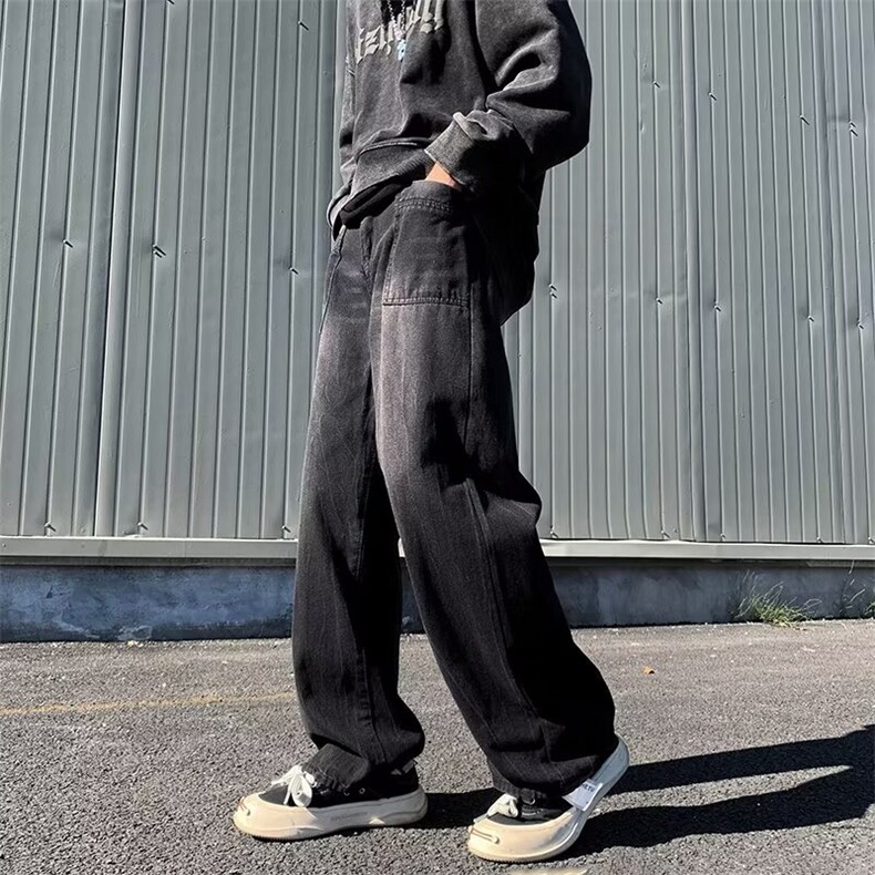 黑色闪电纹牛仔裤男款秋冬季美式复古vibe街头设计感微喇工装裤子,男装牛仔裤,星座412-2