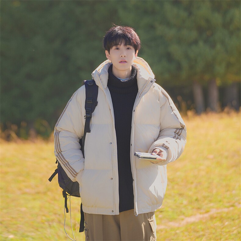 冬季港风三条杠撞色连帽棉衣加绒加厚拼色加厚棉衣外套MY6088P90，男装棉衣，电商A128