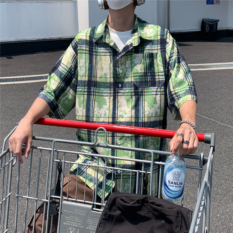 2025美式扎染印花冰丝凉感短袖五分袖格子衬衫CS1866/特P25绿5,男装T恤,电商A094