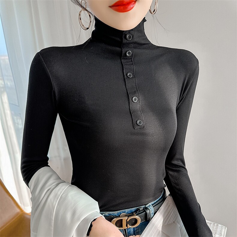 半高领T恤女2025春秋新款正肩纽扣外穿上衣,女装T恤,温伦斯特羊绒