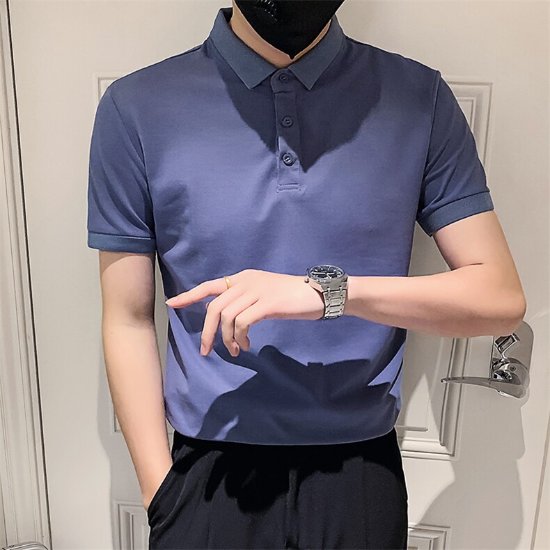 蓝色2023社会小伙修身纯色polo衫男士短袖T恤PL88-P35特 控价59图片