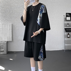TZ792-特批50控98夏季冰丝潮流大码小熊撞色短袖短裤套装男，男装牛仔裤，电商A059