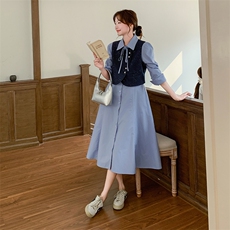 2025年春季新款假两件蓝色连衣裙203P155K228，女装连衣裙，帛锦泉
