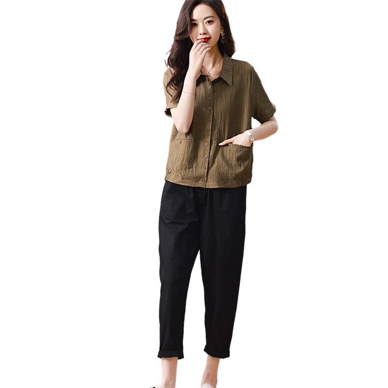 2023夏装新款纯色衬衫短袖两件套,女装套装/套裙,梦芯尔