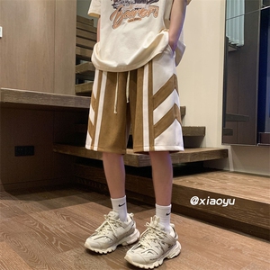 拼接撞色麂皮绒短裤男夏季vintage复古美式五六分裤潮牌运动裤子图片