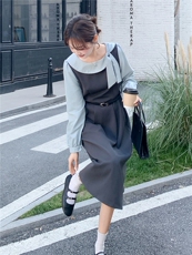 2026春装新款气质假两件收腰显瘦学院风连衣裙女送皮带，女装连衣裙，时尚风爆