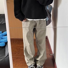 美式复古水洗做旧铆钉褶皱伐木工装裤hiphop炸街裤子男微喇牛仔裤，男装牛仔裤，星座506A