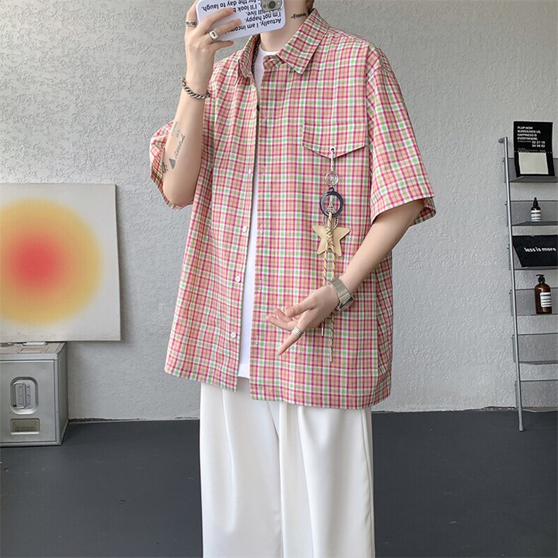 CS1151-特批40控78夏季新款男女格子短袖大码男衬衫（带配件）,男装T恤,电商A059