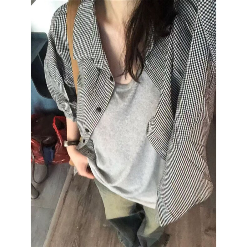 森系叠穿格子短袖衬衫女ins宽松遮肉显瘦情侣款衬衣外穿开衫上衣,男装衬衫,星座1210-1