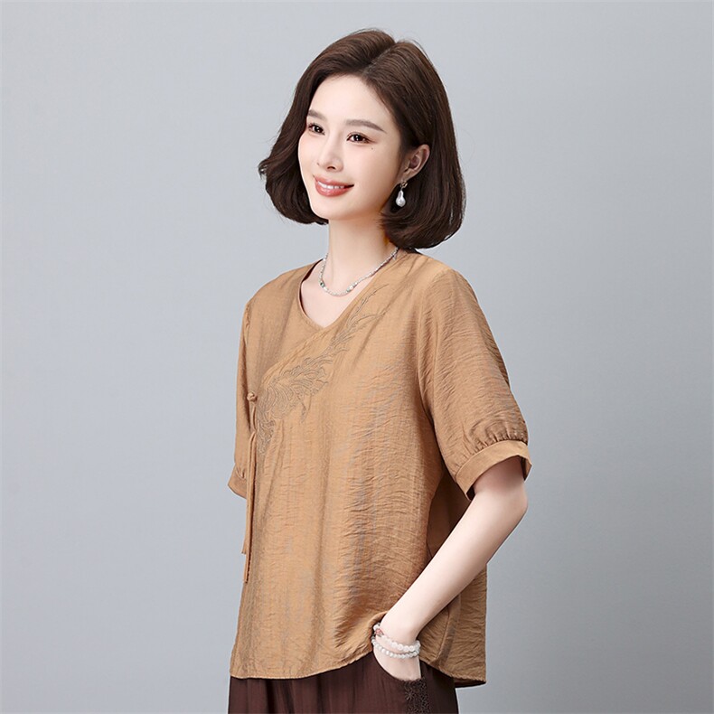 优雅刺绣短袖衬衫女宽松显瘦V领上衣夏季新款时尚百搭女装,女装衬衫,叶笙衣