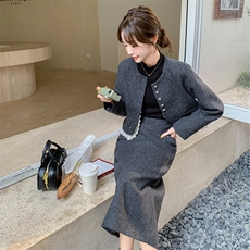 灰色小香风毛呢套装女2024秋冬新款高端名媛气质显瘦半身裙两件套，女装套装/套裙，2C317