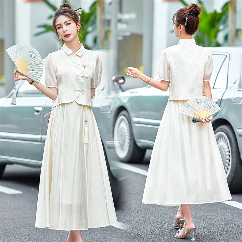 今年流行套装裙2026夏季新款高级感气质新中式绣花盘扣半身裙套装，女装套装/套裙，米雪儿