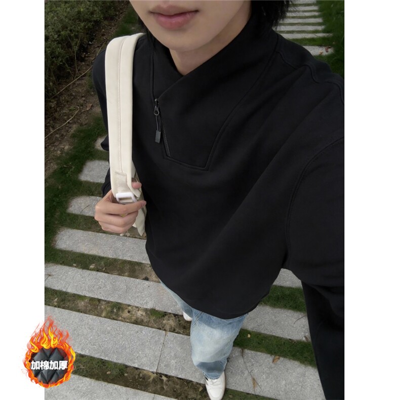 加绒加厚卫衣男款斜拉链秋冬季小众设计感长袖T恤特P28加绒P38,男装T恤,电商C306-1
