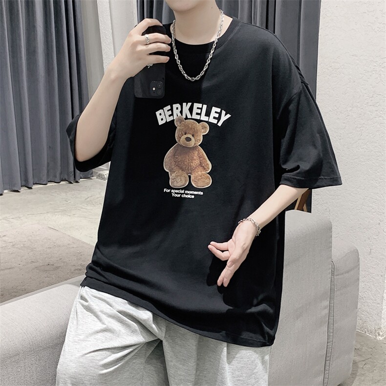 韩系简约小熊印花短袖T恤帅气大码宽松男潮517A-1-T915-P28控38,男装T恤,星座517A-1