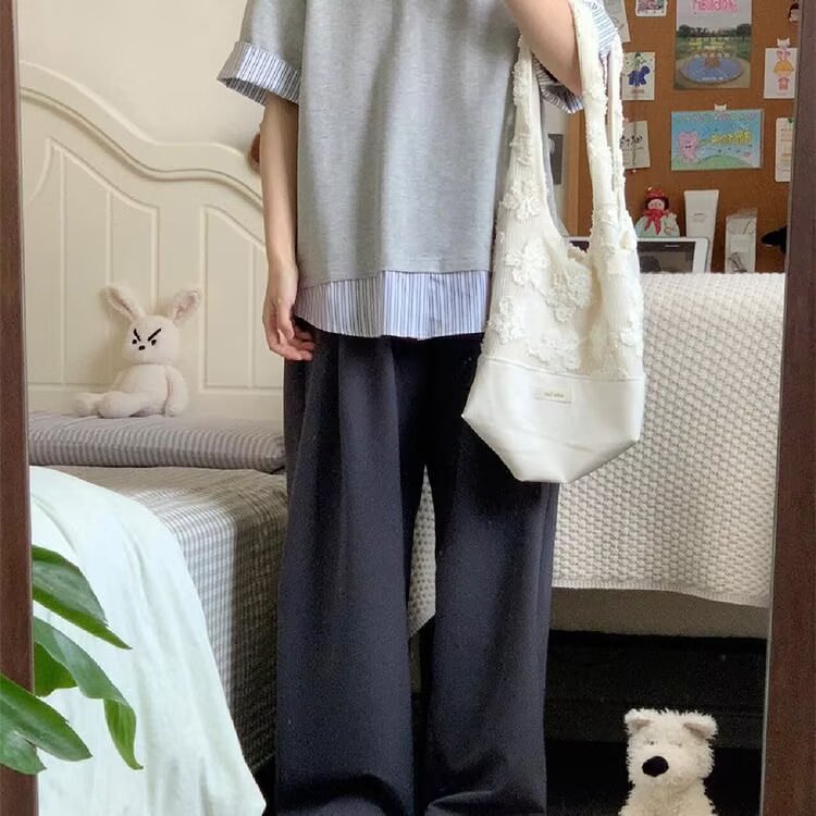 有货。假两件条纹polo领短袖t恤女宽松休闲上衣ST729-P38,男装T恤,星座412-3