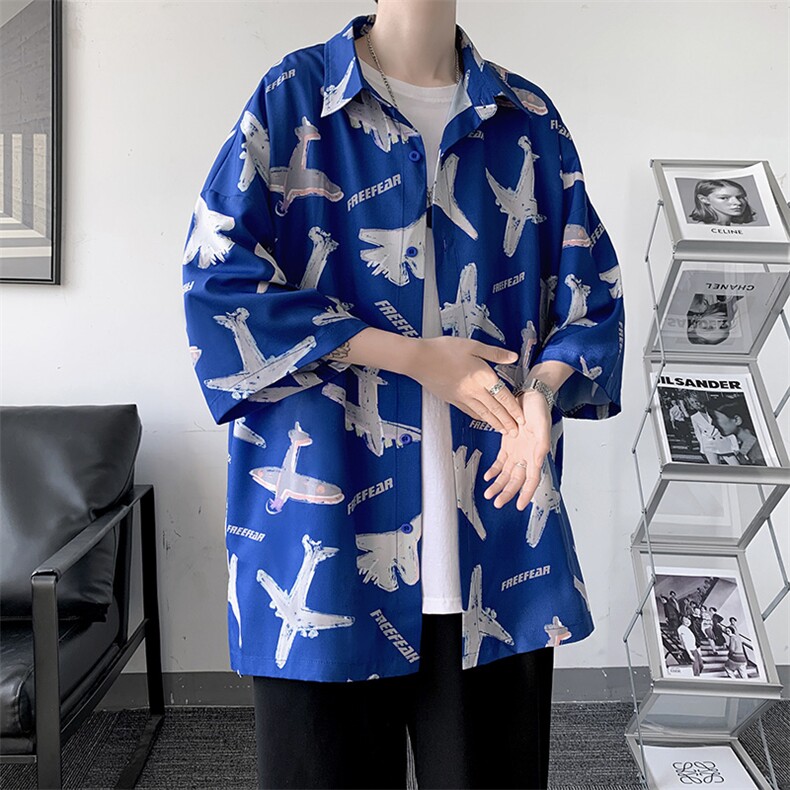 夏季潮流小飞机满印ins衬衫男新款冰丝情侣装A071-C35-P38,男装衬衫,电商A071