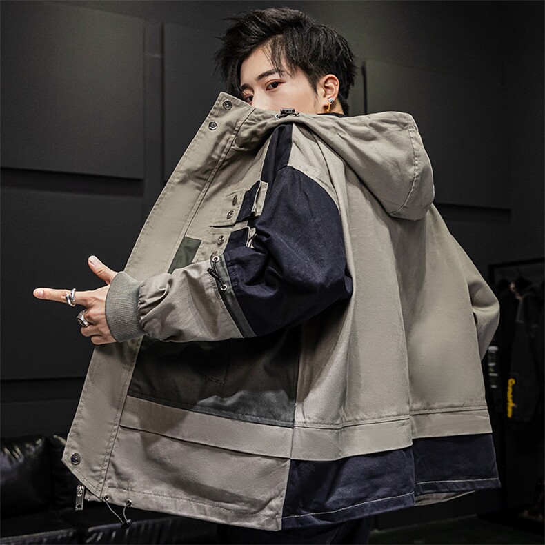 2021春季新款潮男大口袋拼色连帽大码工装夹克外套A438-587,男装夹克,电商A438