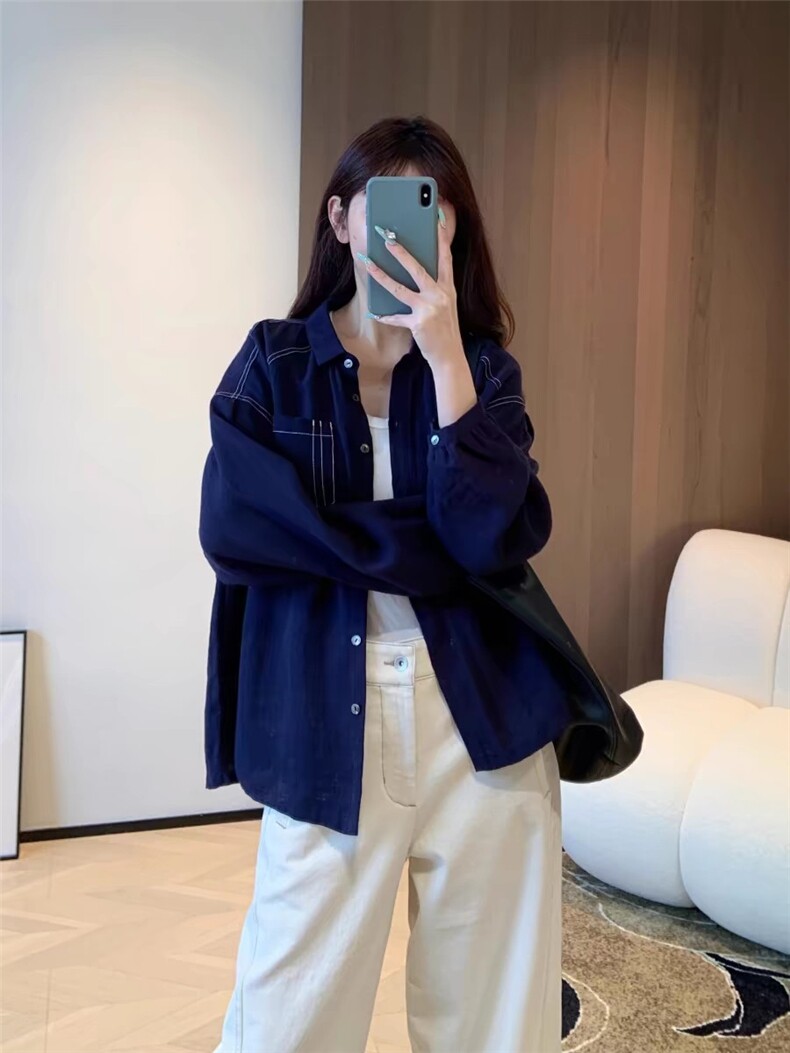 明线撞色小翻领透气亚麻舒适长袖衬衫,女装衬衫,湘姗