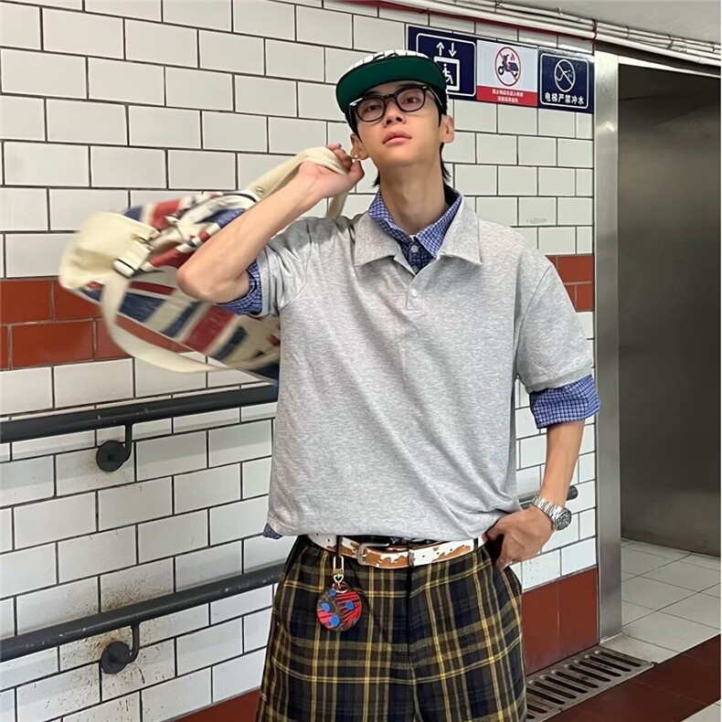 美式小众设计格子拼接短袖polo衫T恤男女夏宽松百搭潮流上衣,男装Polo衫,星座1210-1