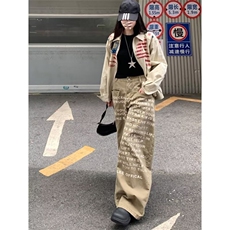 美式复古字母印花牛仔裤男高街潮牌痞帅宽松直筒休闲长裤NZA725，男装牛仔裤，星座516A