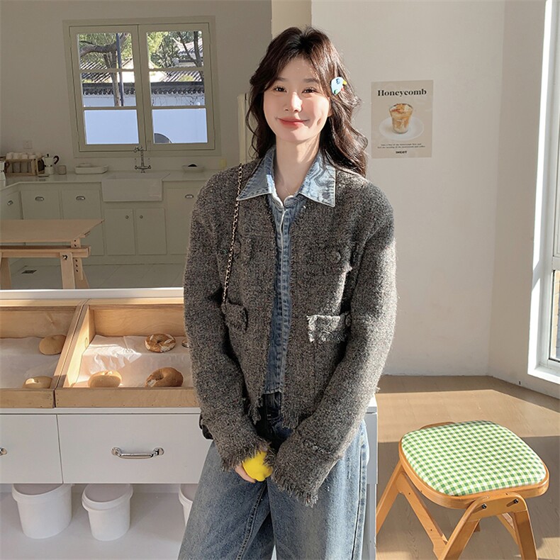 灰色设计感假两件温柔氛围感小香风上衣女秋新款小个子显瘦短外套,女装短外套,2C332