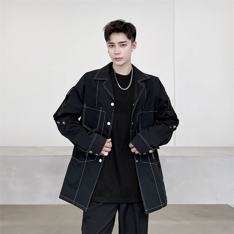 新款秋冬明线装饰腰抽绳口袋韩版翻领中长外套男A345-161-P115图片