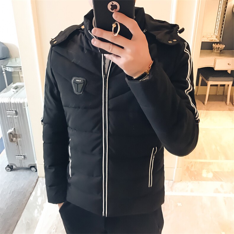 精致韩风 时尚都市 加厚 仿丝棉 拉链 可脱卸帽 纯色 棉衣 修身型 休闲 青年图片