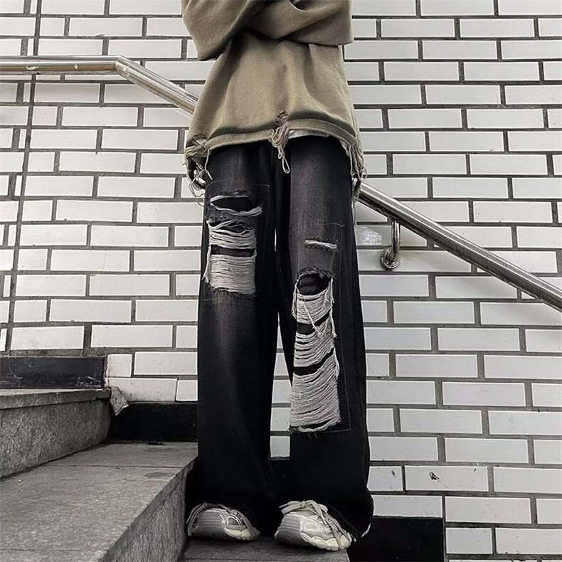 美式街头复古贴布破洞牛仔裤男女宽松设计感直筒阔腿裤WN808-p46,男装牛仔裤,星座1008