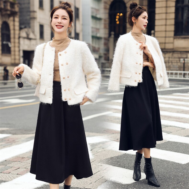 2023小香风法式套装女加厚设计感大摆裙两件套裙显瘦，女装毛呢外套，韩蜜菓