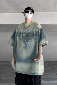 美式复古扎染水洗做旧圆领牛仔t恤男字母刺绣重工宽松短袖体恤潮图片