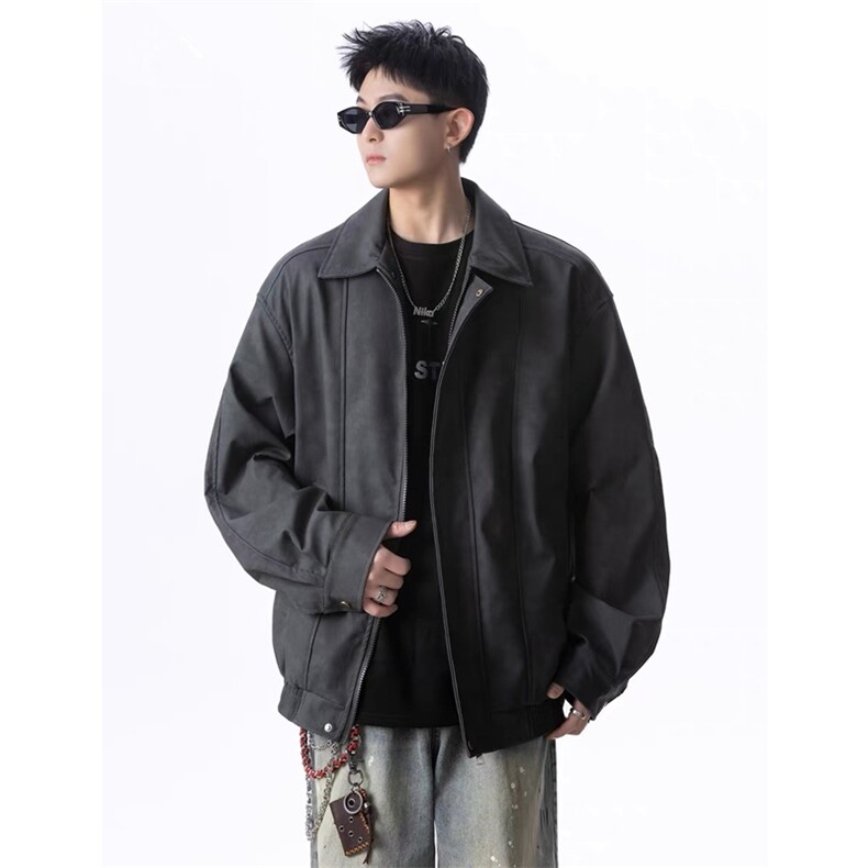 抖音PU皮夹克宽松复古纯色外套DY2407-特P80加厚2408-P90,男装夹克,星座1213