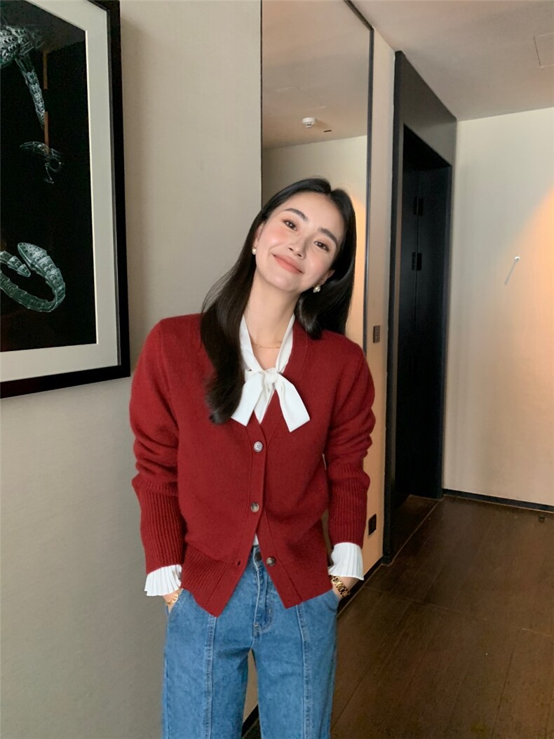 V领山羊绒针织开衫女修身毛衣秋冬短款长袖上衣外套女,针织衫/毛衣,玛卡隆羊绒